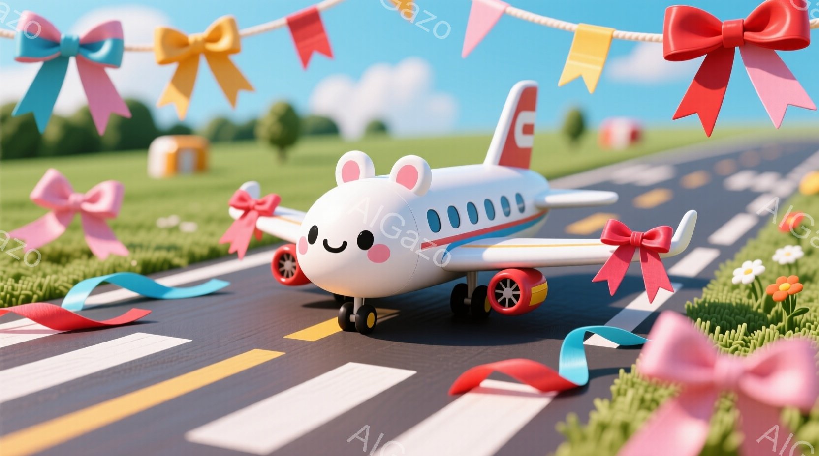 白い飛行機が滑走路を走っている様子が描かれています。機体には可愛らしい顔が描かれており、周囲にはカラフルなリボンと小さな花が咲き乱れています。背景には緑の芝生と青い空が広がり、全体的に明るく、お祝いムードに満ちた雰囲気です。