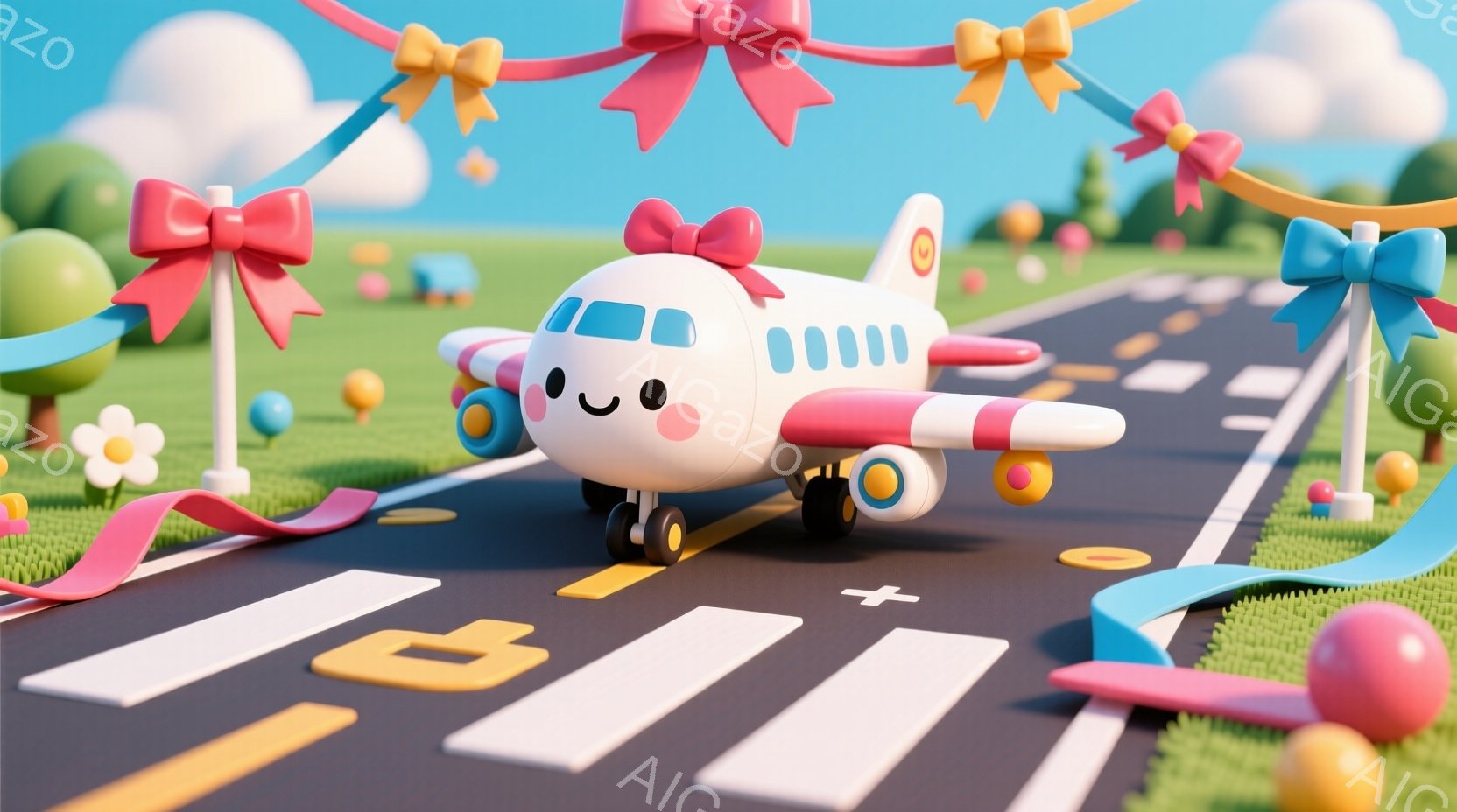 鮮やかな色彩の、可愛らしいおもちゃの飛行機が滑走路の上を走っている様子が描かれています。飛行機は白を基調とし、ピンクのラインとプロペラが特徴で、愛らしい表情をしています。背景には緑の芝生、カラフルな花、そして空にはふわふわとした雲が広がっており、お祝いムードを醸し出しています。