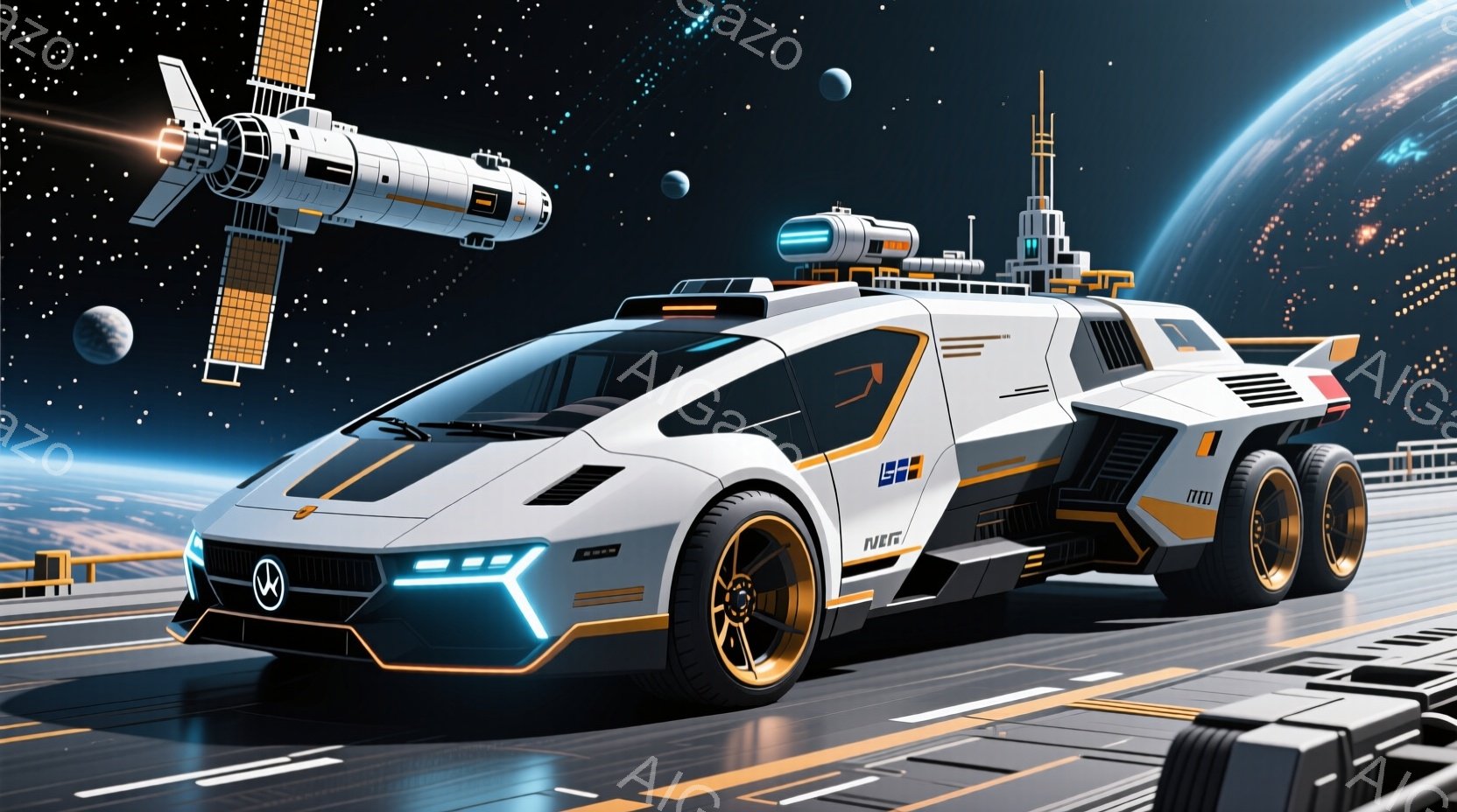 白い未来的な車が、青い光のラインと金色のホイールで飾られた滑らかなデザインで描かれています。背景には、地球と月が見える宇宙空間が広がり、遠くには未来的な構造を持つ宇宙ステーションが見えます。全体的に、テクノロジーと冒険心に満ちた、明るく洗練された雰囲気です。