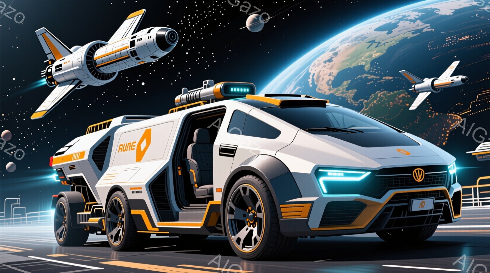 未来的なデザインの車両が描かれており、オレンジとグレーの配色が特徴的です。背景には地球と他の惑星が映り、夜空には星が輝き、未来都市のような構造物も確認できます。車両は高速道路のような道路上に静止しており、SF映画に出てくる乗り物のような雰囲気を醸し出しています。