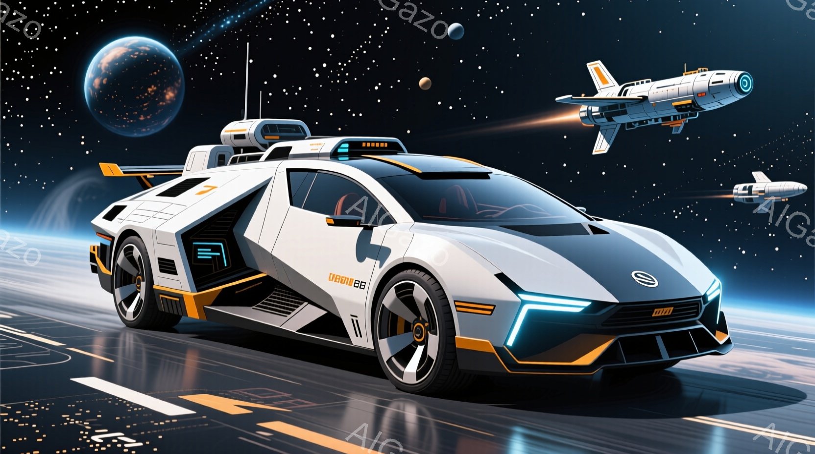 白を基調とした未来的なスポーツカーが、明るいオレンジのアクセントを添えて滑走路を疾走している。背景には、地球と月が美しい宇宙空間に浮かび、小型の宇宙船が空を飛んでいる様子が見える。 全体的に、スピード感と近未来的な雰囲気が漂う、壮大な光景である。