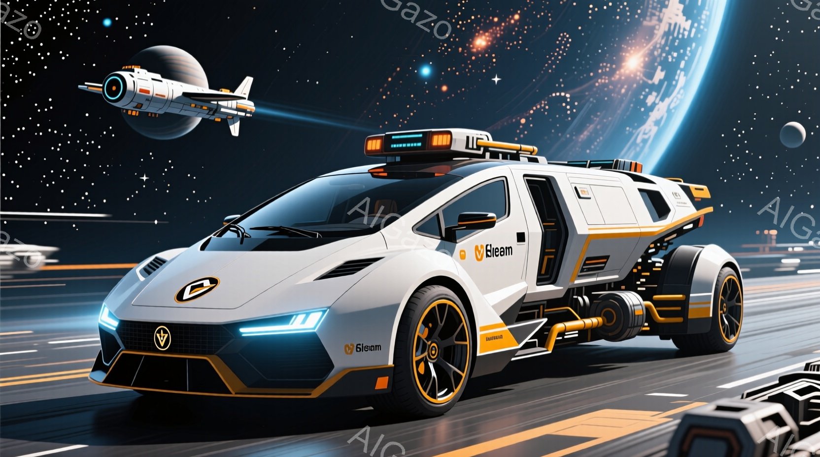 白い未来的なスポーツカーが、青い光を放つ道路を疾走している。背景には、宇宙船と月、星々が広がり、SF映画のような壮大な光景を作り出している。車体には「Veeam」のロゴがアクセントとして配置され、全体 - AI生成フリー素材