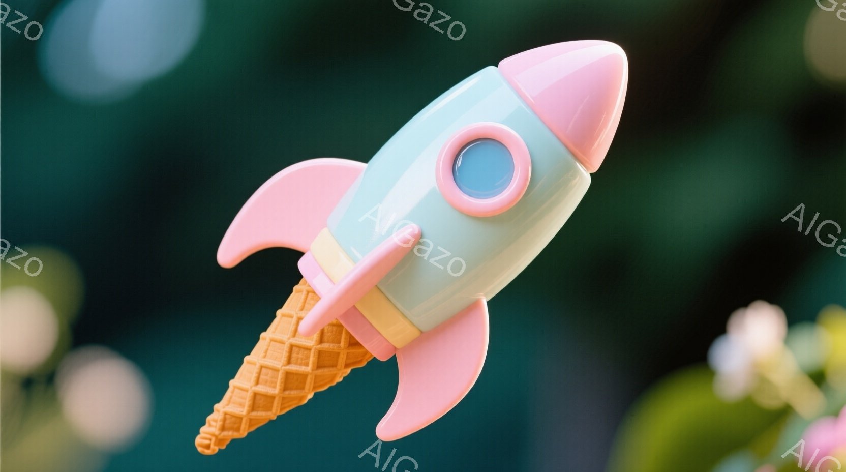 淡い水色のロケットが、コーン状のベースに取り付けられ、空中に浮かんでいる様子が写っている。ピンク色の翼と先端部が可愛らしい印象を与え、背景には緑色の植物とぼやけた光の球が見られる。全体的に明るく、遊び心のある雰囲気で、まるでデザートのようなユニークなロケットだ。