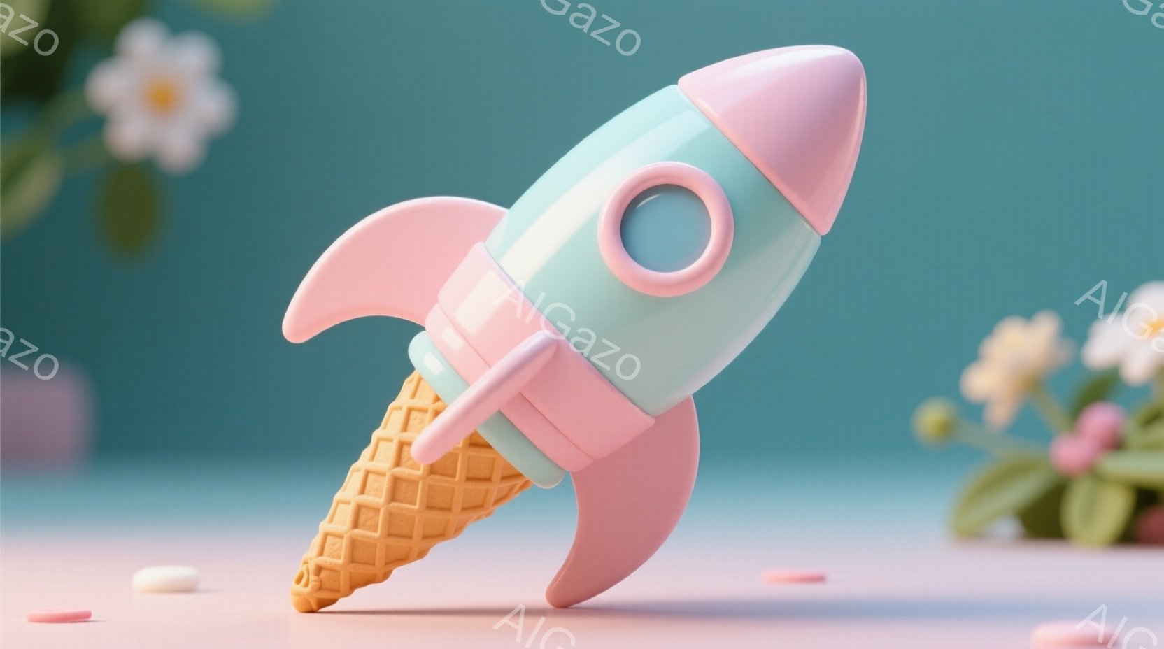 鮮やかな水色とピンク色のロケット型アイスクリームが、ワッフルのコーンの上に乗って写っています。背景はパステルグリーンの壁で、小さな白い花やキャンディーが散りばめられており、春らしい穏やかな雰囲気です。 - AI生成フリー素材