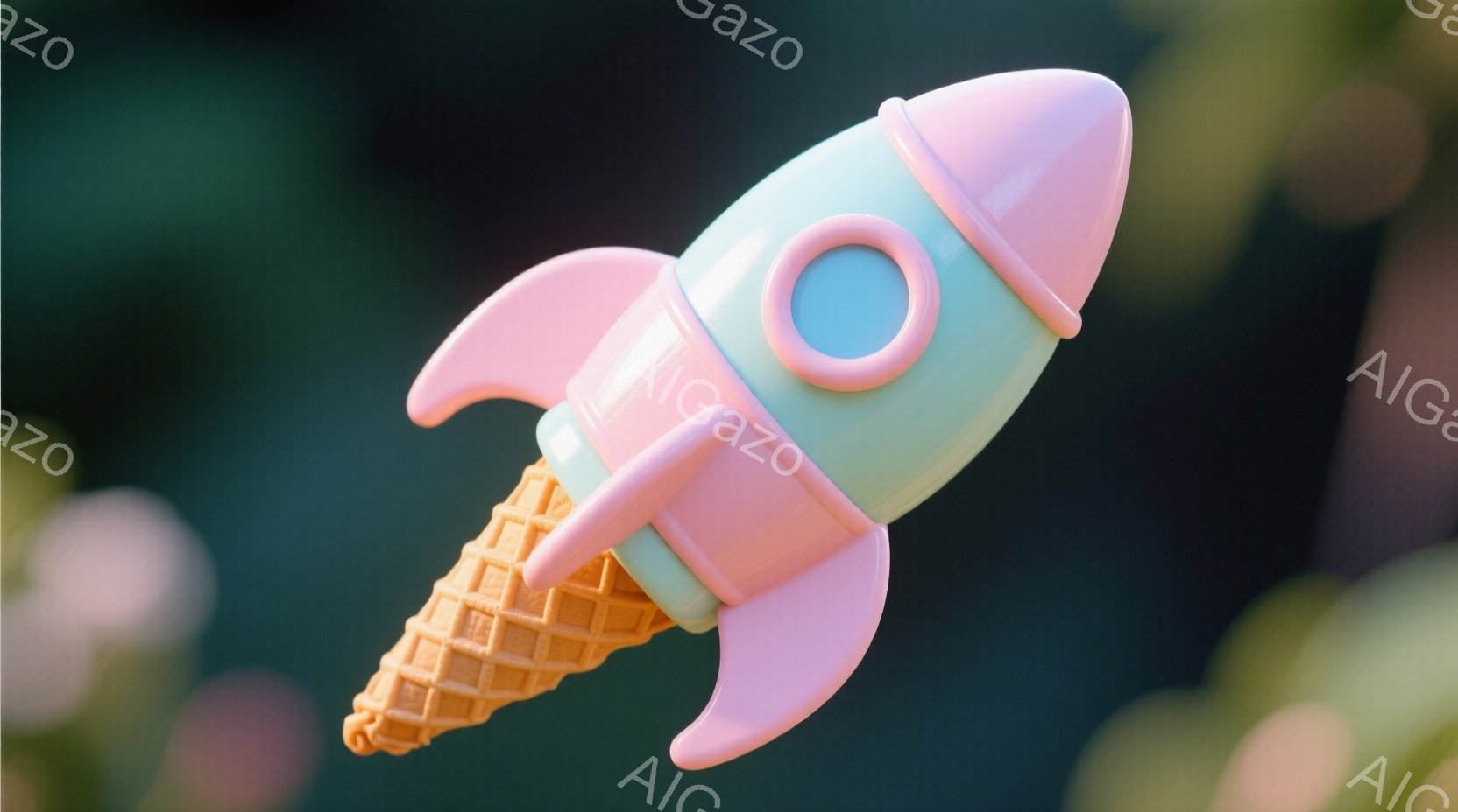 明るいパステルピンクと水色のロケットが、こんがりと焼けたコーンでできたロケットブースターの上を飛んでいるように見えます。背景はぼやけた緑色で、焦点がロケットとコーンに当てられています。全体的に、遊び心があり、おかしな、夢のような雰囲気が漂っています。