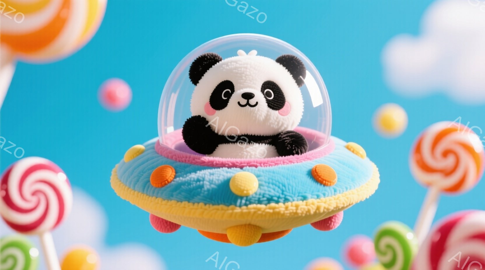 白くてふわふわのパンダが、ピンクとオレンジ色のUFOに乗っています。パンダは笑顔で、リラックスした姿勢で座っており、背景にはカラフルなキャンディと白い雲が浮かんでいます。全体的に、夢のように甘くて楽し - AI生成フリー素材