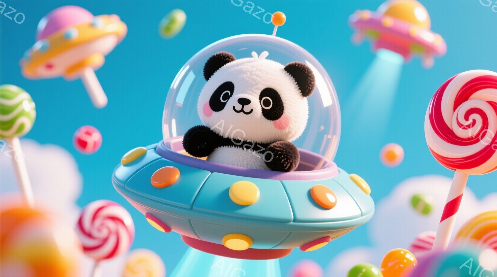 ふわふわのパンダが、水色のUFOに乗って空を飛んでいます。背景には、カラフルなキャンディや雲が浮かび、まるで夢のような甘くて楽しい世界が広がっています。パンダは嬉しそうな表情で、冒険心に満ちた様子が伝わってきます。