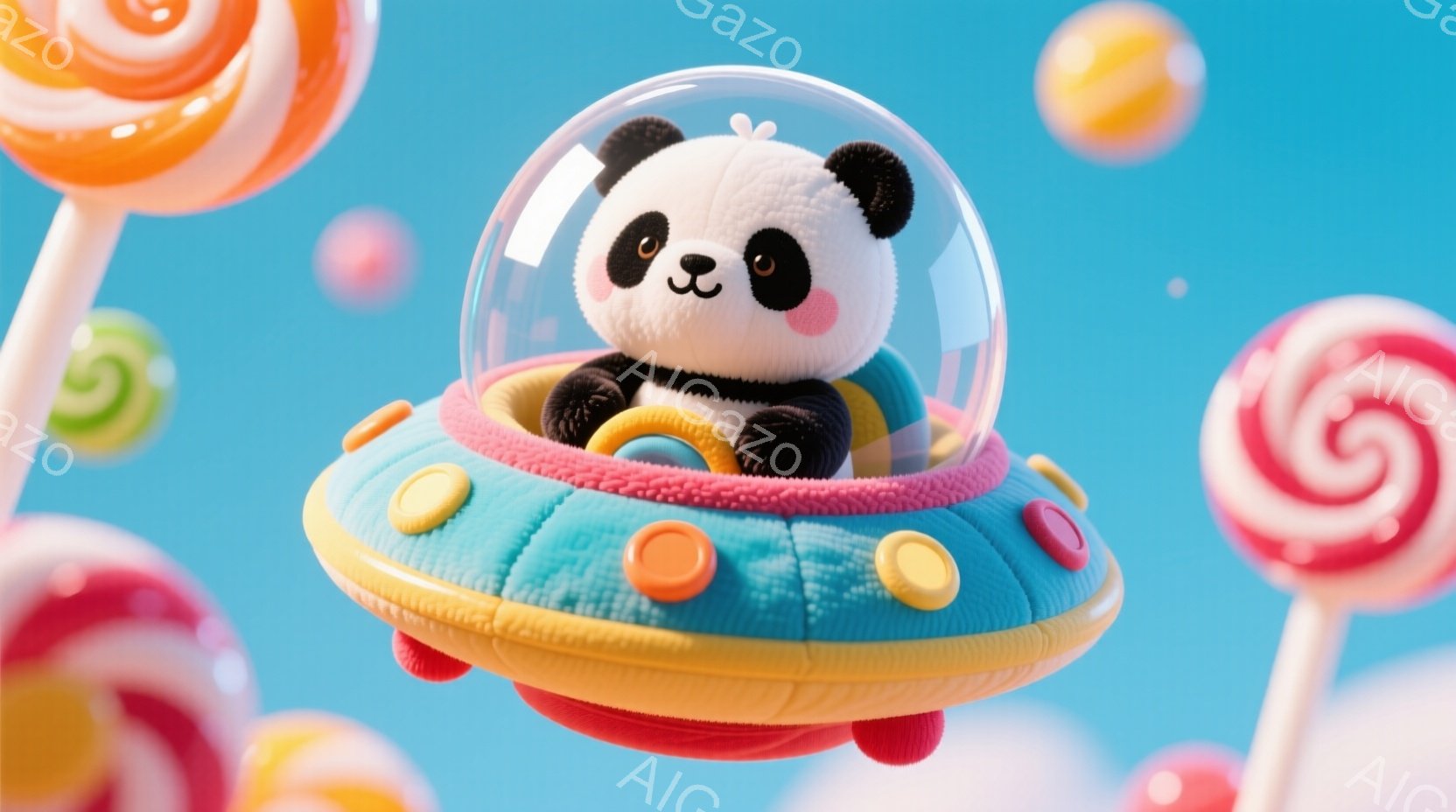 愛らしいパンダが、水色とピンクのUFOに乗って空を飛んでいます。パンダは黒い耳と大きな目を持ち、楽しそうな表情をしています。背景にはカラフルなキャンディが浮かび、夢のような雰囲気を醸し出しています。