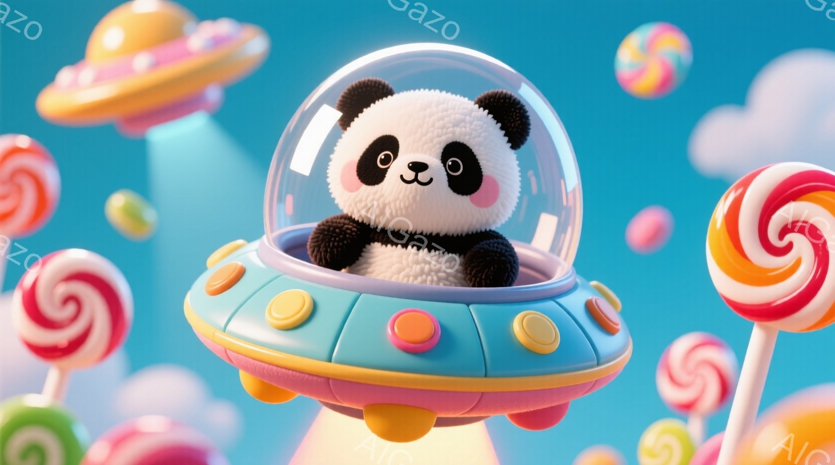 白くてふわふわのパンダが、水色のUFOに乗って空を飛んでいます。パンダは黒い目と鼻を持ち、少し微笑んでいるようで、とても可愛らしい表情をしています。背景にはカラフルなキャンディやふわふわの雲があり、夢のようなファンタジーな雰囲気です。