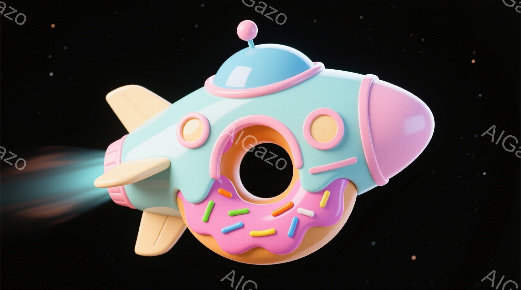 ドーナツ型の宇宙船が、暗い背景に青い推進力で飛んでいる様子が描かれています。ピンク色のアイシングとカラフルなスプリンクルが施されたドーナツ部分は、宇宙船の胴体となっています。明るいパステルカラーと丸みを帯びたフォルムが特徴で、可愛らしい雰囲気を醸し出しています。