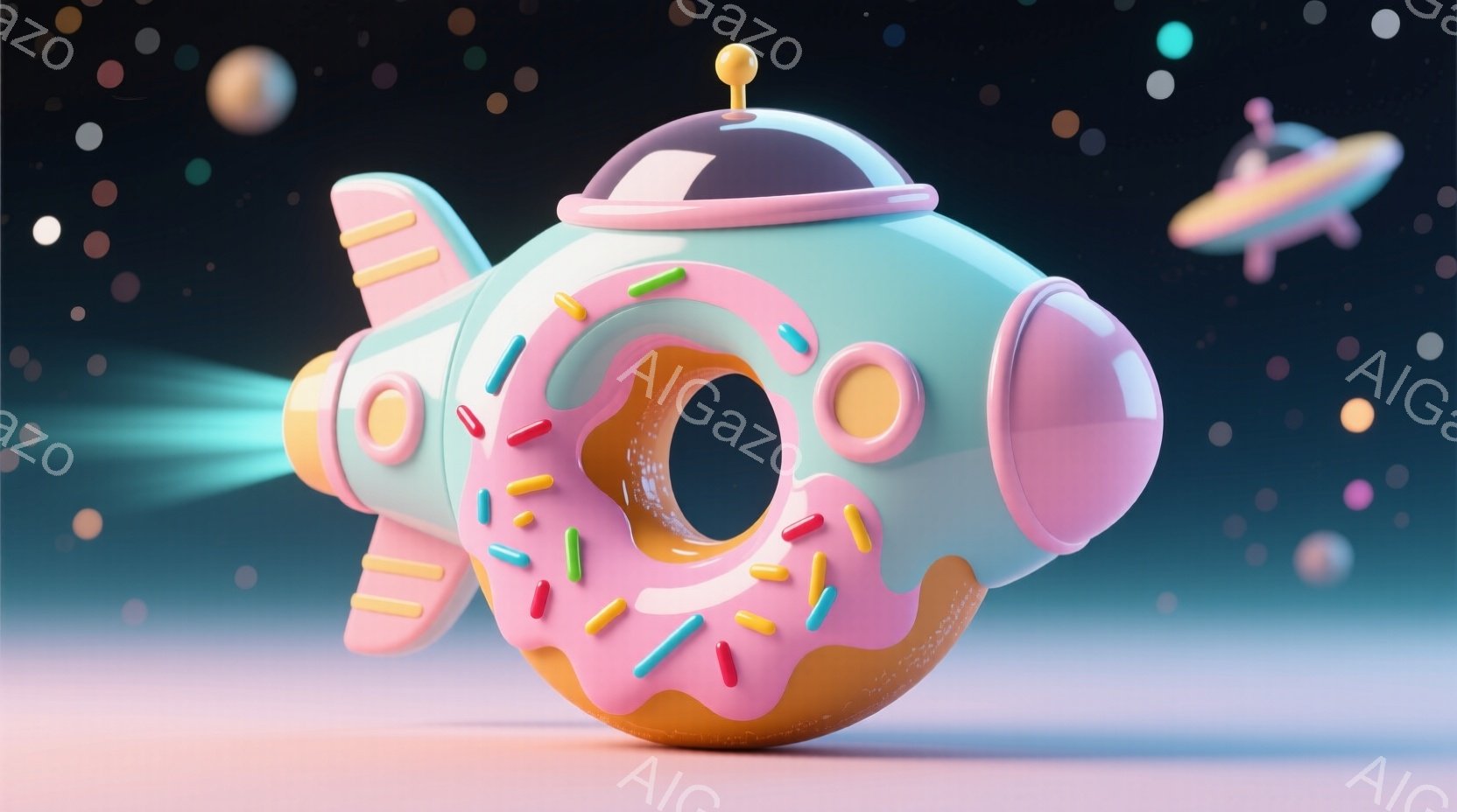 ピンクとブルーの宇宙船のようなドナウツを想像する美しいCGアート。飛行機のように空を切り裂く雨のような音を立てながら、惑星の雲海を脱出する姿勢で飛ぶような穏やかな表情。