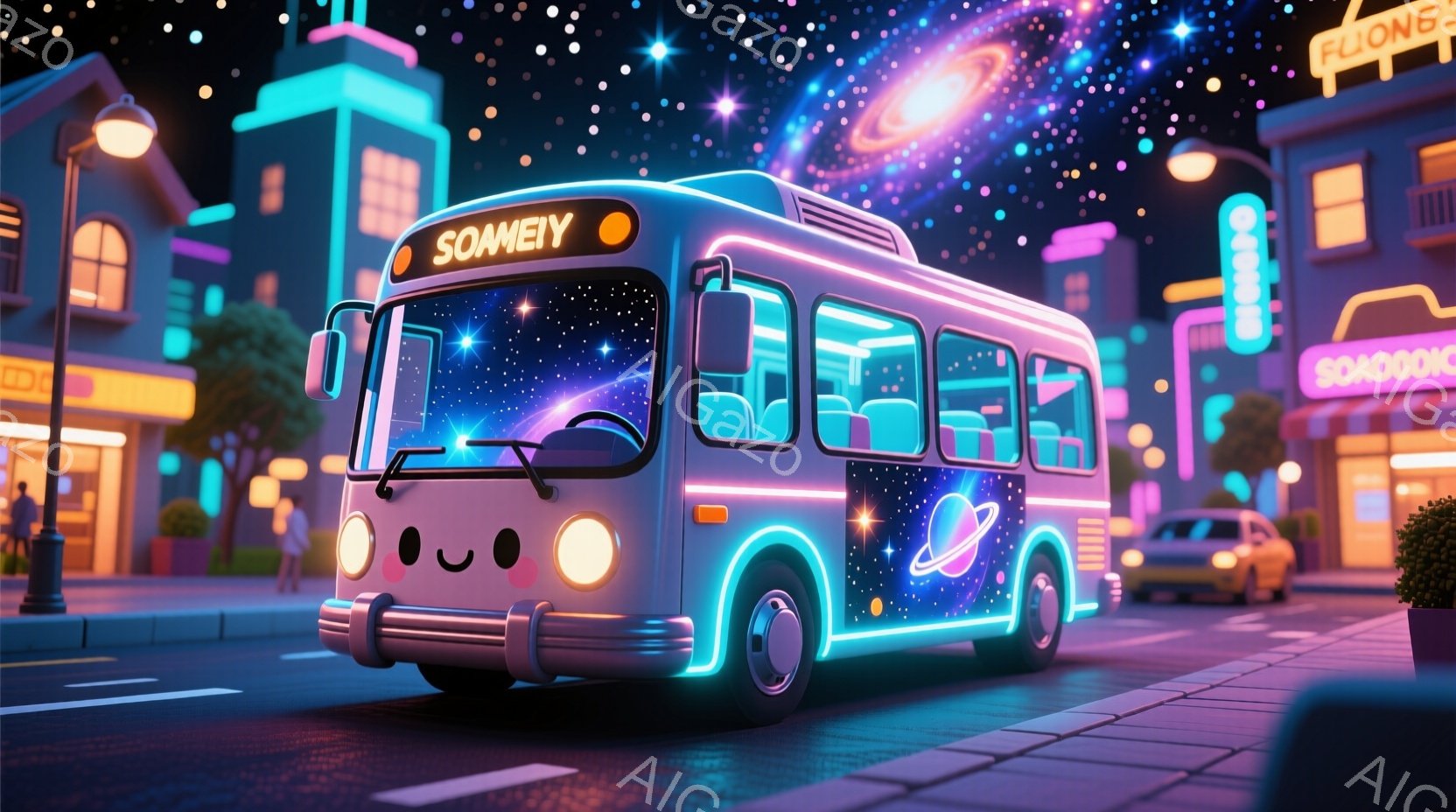 鮮やかなネオンカラーの街並みを背景に、宇宙をテーマにしたバスが描かれています。バスは紫と青を基調とし、星や惑星のイラストが施され、まるで宇宙空間を走っているかのようです。街の建物もネオンで彩られ、どこか懐かしいレトロフューチャーな雰囲気を醸し出しています。