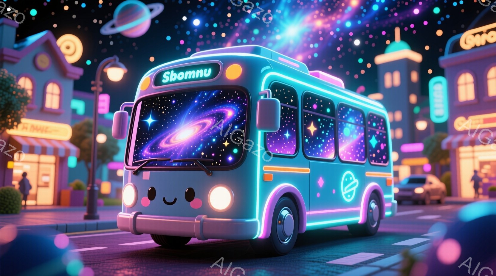 鮮やかなネオンカラーのバスが、夜の街並みを彩っています。バスの車体は宇宙をイメージしたデザインで、星雲と星が描かれています。背景には、カラフルな建物や街灯が見え、どこかファンタジックで夢のような雰囲気を醸し出しています。