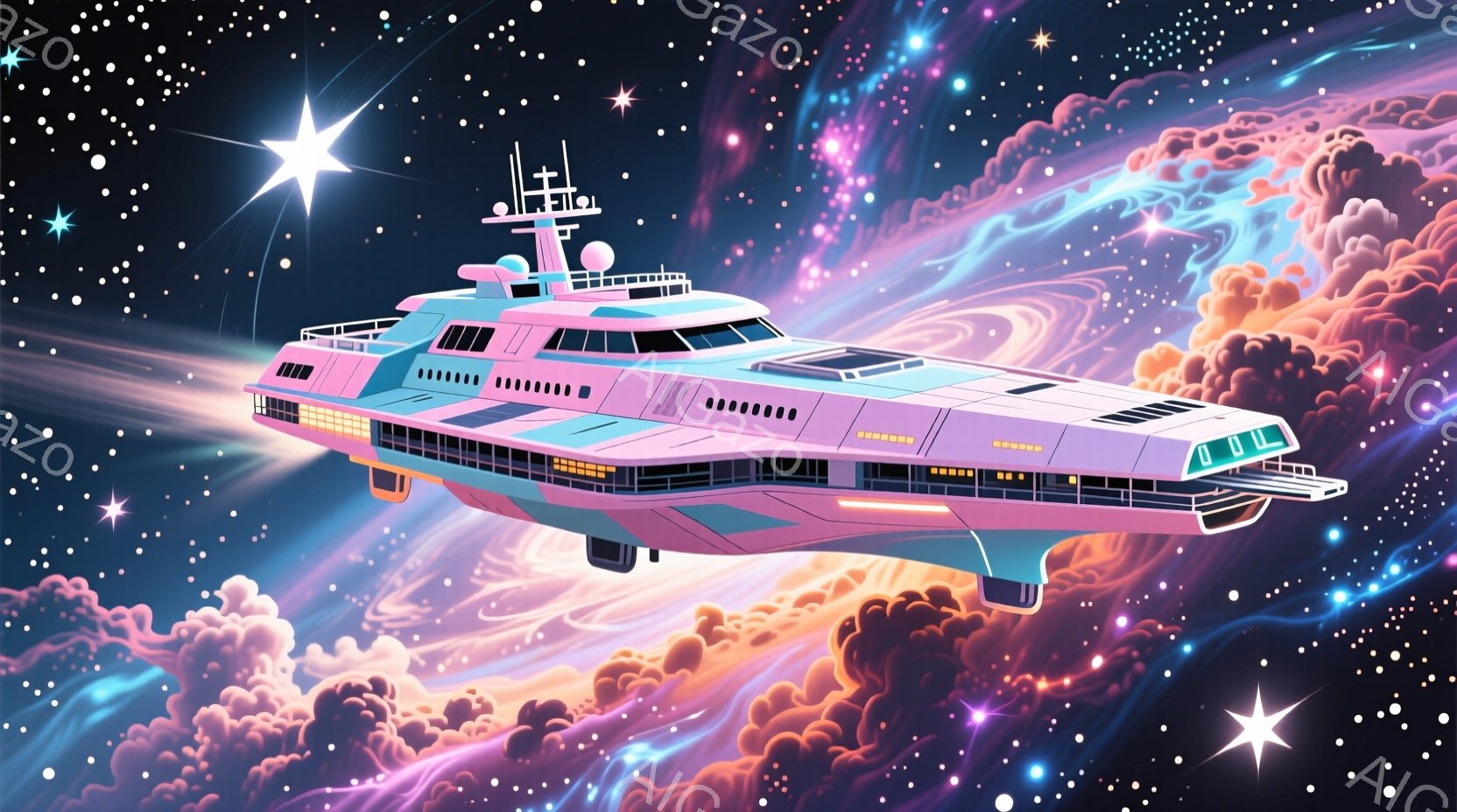 ピンクと紫色の船が、渦巻く雲のような背景の中で浮かんでいます。船体は未来的なデザインで、明るいピンク色を基調とし、紫色のアクセントが施されています。背景は、ピンク、紫、オレンジ色の雲が混ざり合い、星が散りばめられた幻想的な宇宙空間を表現しています。