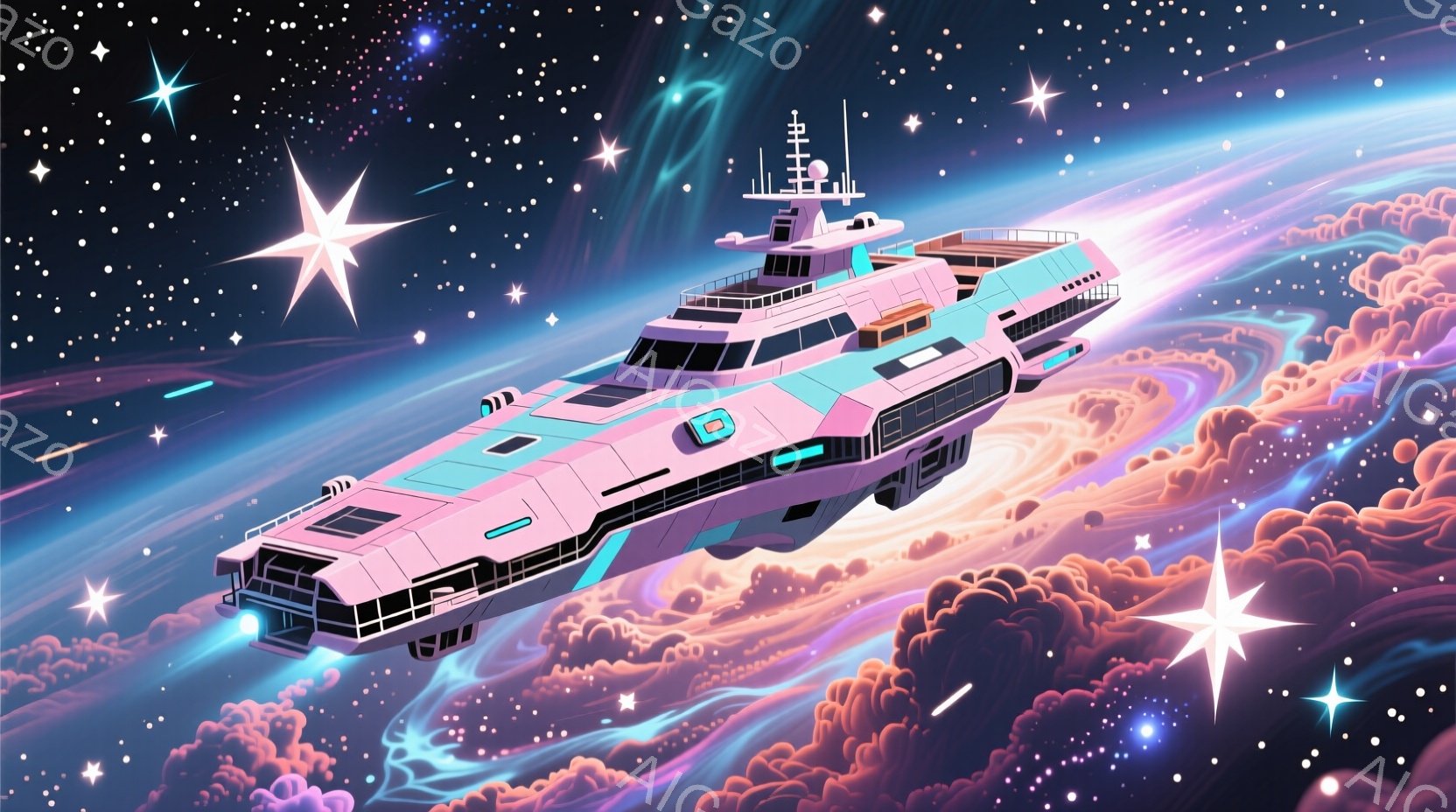 鮮やかなピンク色の未来的なヨットが、星雲と渦巻く雲の中に浮かんでいます。ヨットは洗練されたデザインで、窓は緑色に光り、全体的にメタリックな質感が表現されています。背景は、ピンク、紫、青色の雲が渦巻き、星が輝く幻想的な宇宙空間で、どこか希望に満ちた、壮大な雰囲気を醸し出しています。