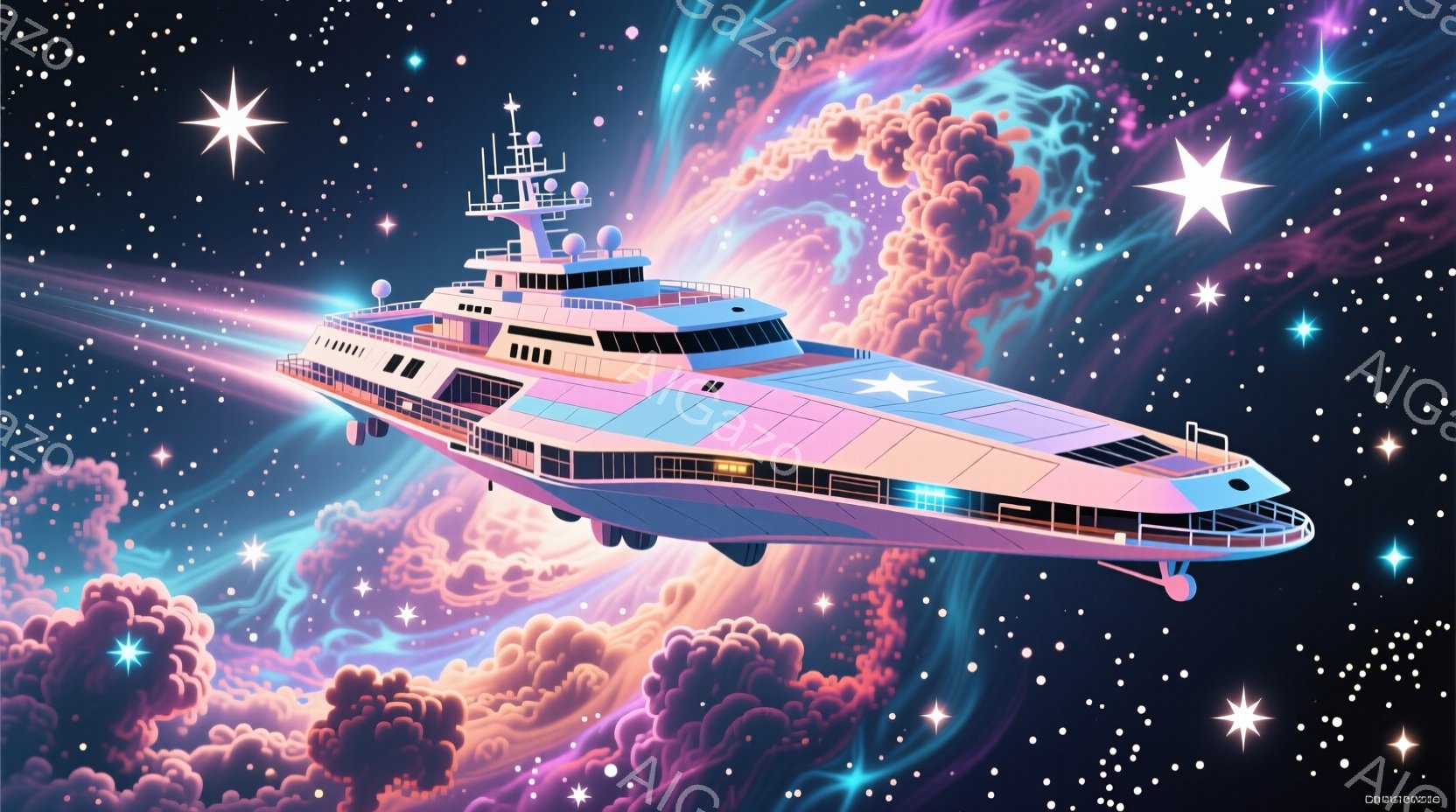 巨大な豪華ヨットが、ピンクと紫色の渦巻く雲と星々が広がる宇宙空間を航行しています。ヨットは白とピンクのストライプが特徴的で、上甲板には多くの窓が並び、優雅な雰囲気を醸し出しています。背景には幻想的な雲 - AI生成フリー素材