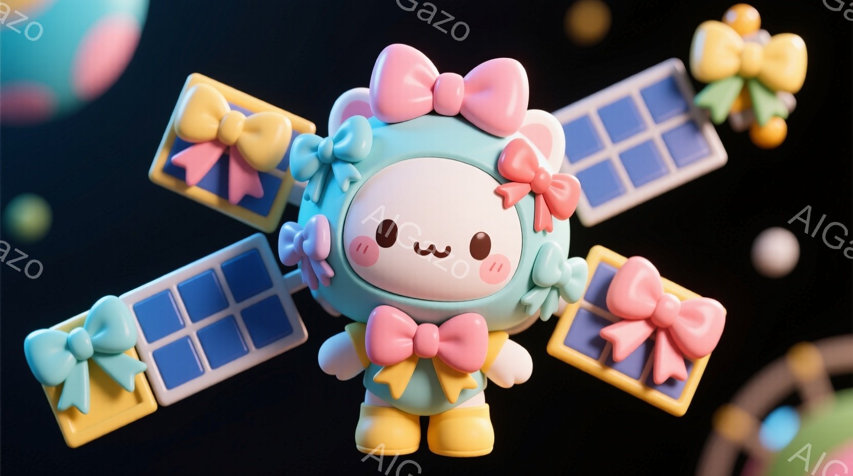 柔らかいパステルカラーで構成された、可愛らしいキャラクターが描かれています。キャラクターは丸みを帯びた白い体に、ピンクのリボンと黄色の衣装を身に着け、無邪気な表情を浮かべています。背景には、カラフルな立方体のようなオブジェクトが浮かび、ファンタジックで遊び心のある雰囲気を醸し出しています。