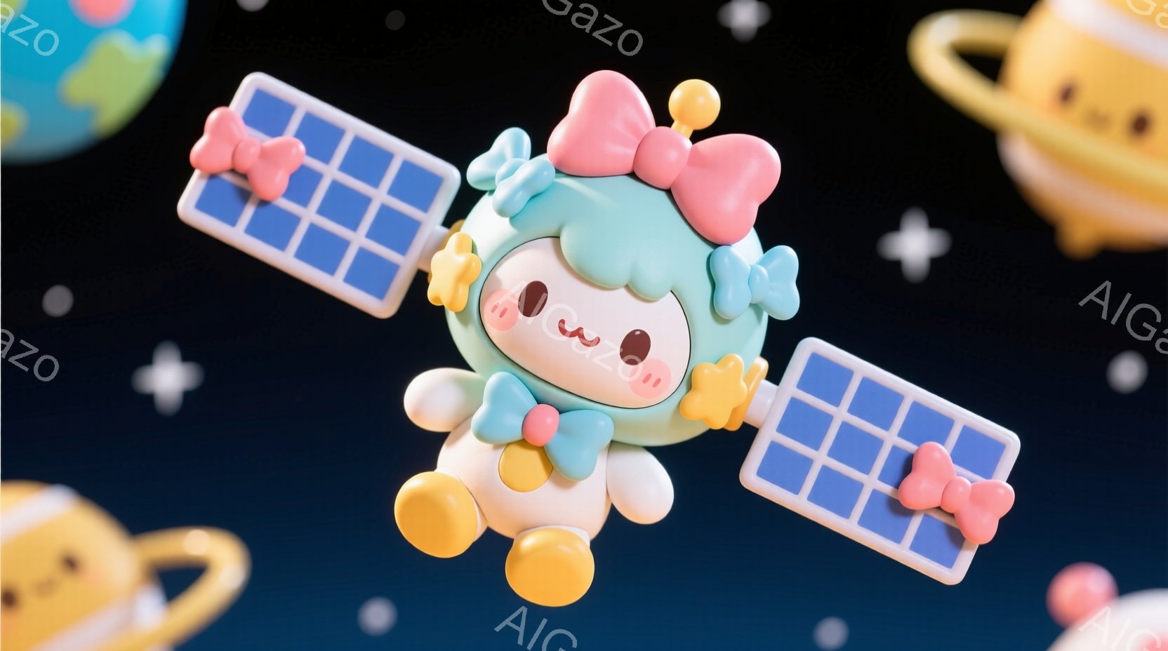 ふわふわとしたパステルグリーンの生き物が、ピンクのリボンとカールした髪で飾られています。この生き物は、黄色い手足と頬を持ち、幸せそうな笑顔を浮かべて宇宙空間を漂っています。背景には、青い惑星と黄色い環を持つ惑星が浮かび、白く輝く星が散りばめられています。