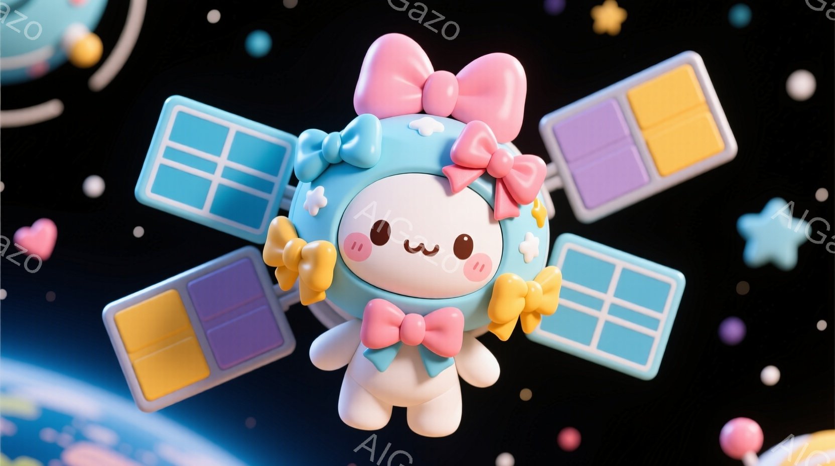 ふわふわした白い生き物が宇宙空間を漂っており、ピンクのリボンと、黄色と水色のパネルが付いた宇宙服を着ています。つぶらな瞳と控えめな笑顔で、愛らしい表情をしています。背景には地球と星々が散りばめられており、全体的に夢のような、優しい雰囲気です。