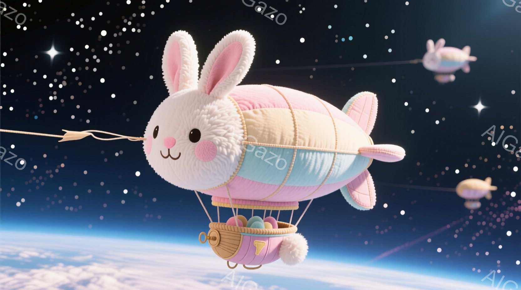 ふわふわのピンク色のウサギが、巨大なピンク色の風船のような飛行船に乗って宇宙空間を漂っている。ウサギはつぶらな瞳で穏やかな表情を浮かべ、小さなバスケットにはカラフルな卵が詰まっている。背景には地球の曲線と星々が広がり、幻想的で平和な雰囲気を醸し出している。