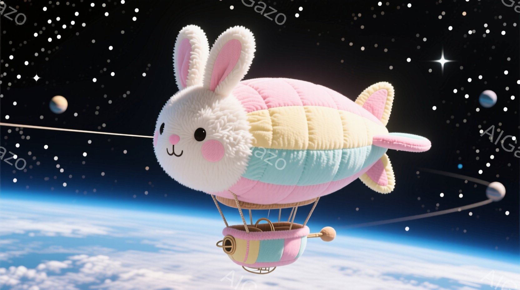 ふわふわのピンク色のウサギが、水色のストライプが施された熱気球に乗って宇宙空間を漂っている。ウサギは丸い頬を赤らめ、穏やかな表情で、熱気球の籠にはティーポットとカップが置かれている。地球が背景に広がり、星々が散りばめられた夜空が、夢幻的な雰囲気を醸し出している。
