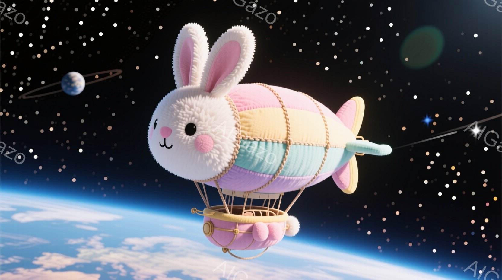 ふわふわのピンク色のウサギの形をした風船が、青い地球と星空を背景に空中に浮かんでいます。風船には小さな籠が付いており、可愛らしい姿は夢のような雰囲気を醸し出しています。惑星と緑色の彗星のような光がアクセントとなり、ファンタジーの世界を表現しています。