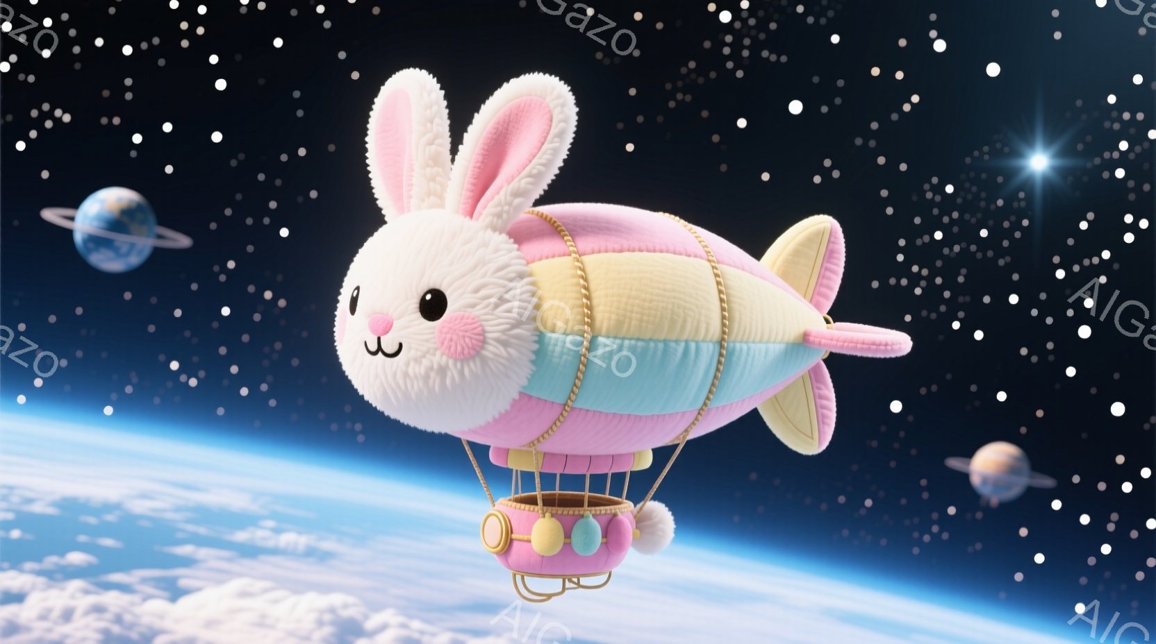 ふわふわのピンクと水色のユニコーン型の熱気球が雲の上を漂っています。熱気球のゴンドラには、ピンクのポンポンがついた可愛らしい装飾が施されています。背景には、地球と惑星が点在する夜空が広がり、全体的に夢見がちな雰囲気を醸し出しています。