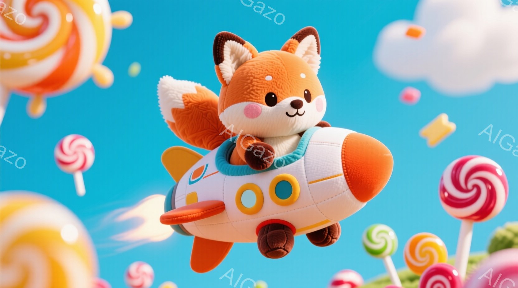 オレンジ色のキツネが、クリーム色の飛行機に乗って空を飛んでいます。キツネは笑顔で、明るく楽しい雰囲気を醸し出しています。背景にはカラフルなキャンディーや雲が浮かび、鮮やかで夢のような世界が広がっています。