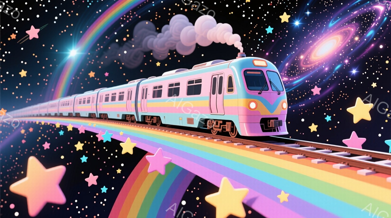 虹色の線路を走る、カラフルな列車が印象的な画像です。列車はピンク、紫、黄色、水色などの明るい色で塗装されており、煙突からは白い蒸気が上がっています。背景は夜空のような暗い色で、星や銀河、様々な色の星が散りばめられており、幻想的で夢のような雰囲気を醸し出しています。