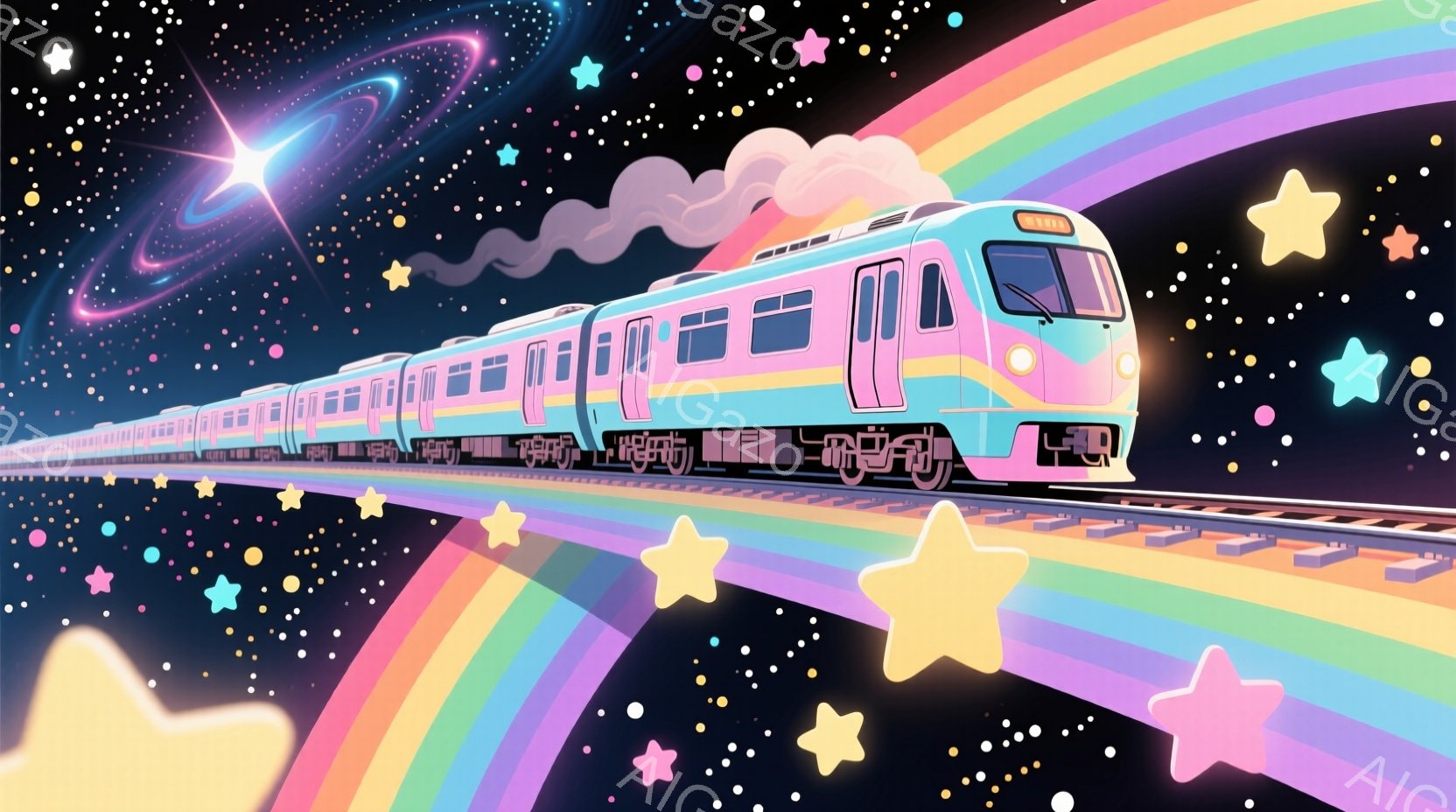 夜空を背景に、虹色の線路を走る淡いピンクと水色の列車が描かれています。列車は煙を上げながら進み、線路の周りには星が散りばめられています。全体的に夢のような、ファンタジックな雰囲気が漂っています。