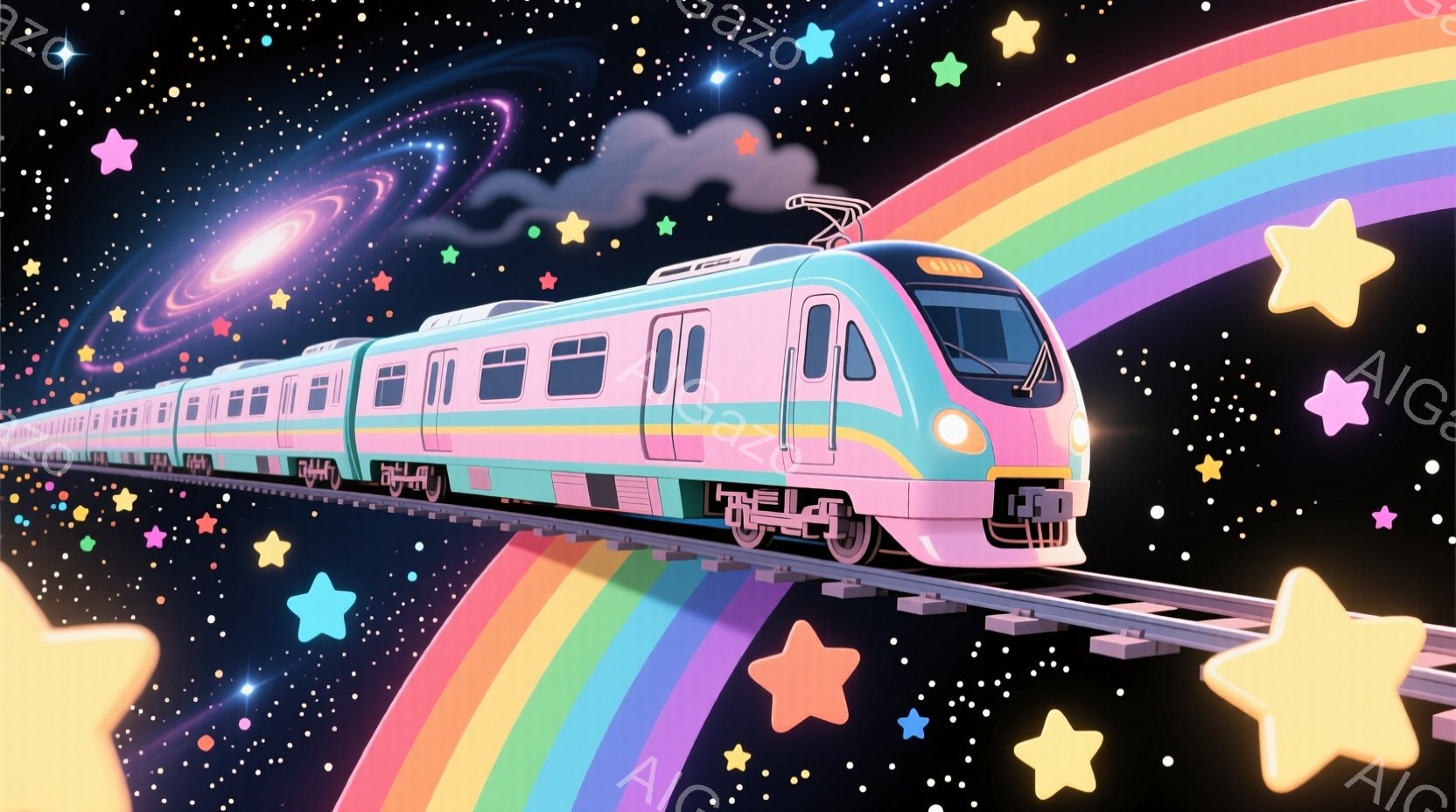 鮮やかな虹色の軌道を走る、未来的なデザインの電車が描かれています。電車はピンク、水色、緑色などのパステルカラーで構成され、星と雲が浮かぶ幻想的な夜空を背景に、まるで夢の中を走っているかのような雰囲気を醸し出しています。背景には銀河がぼんやりと見え、全体的に明るく、希望に満ちた印象を与えます。