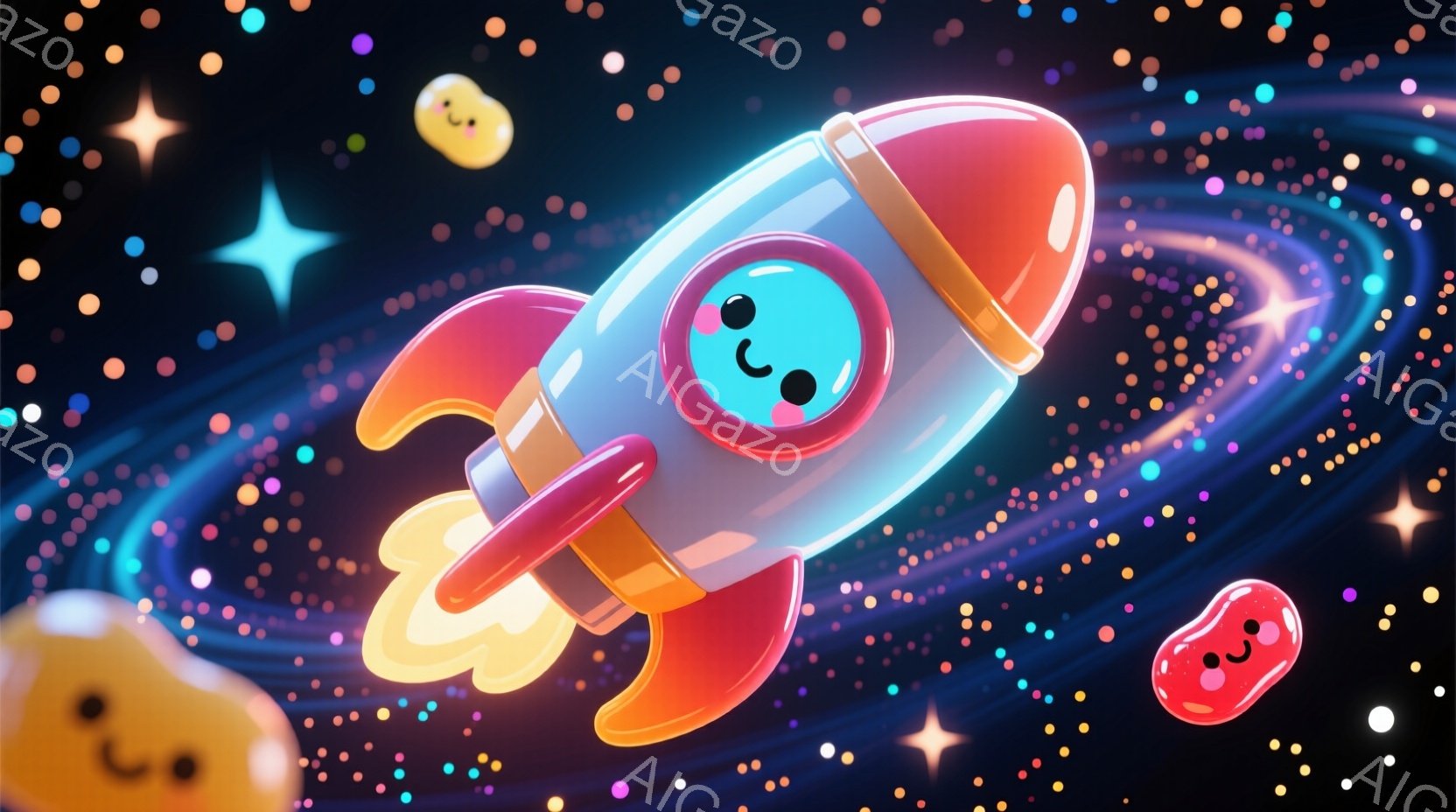 鮮やかなピンクと水色のロケットが、オレンジ色の炎を噴き出しながら宇宙空間を飛んでいる。ロケットには可愛らしい顔が描かれており、まるで生きているかのような表情を見せている。背景には星屑が散りばめられ、他の惑星のような丸いオブジェクトも浮かび、全体的に明るく楽しい雰囲気を醸し出している。