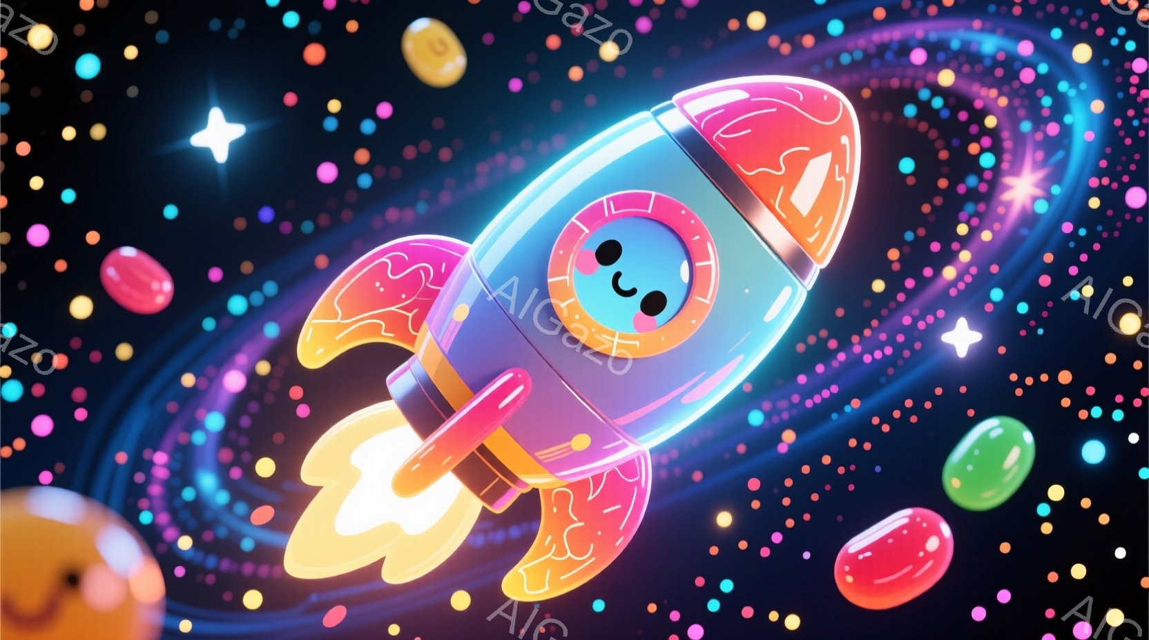 明るい紫色のロケットが星空を背景に描かれています。ロケットは可愛らしい表情をしており、オレンジ色の炎が推進力を表しています。背景には、さまざまな色の球体や星が散りばめられ、幻想的で楽しい雰囲気を醸し出 - AI生成フリー素材