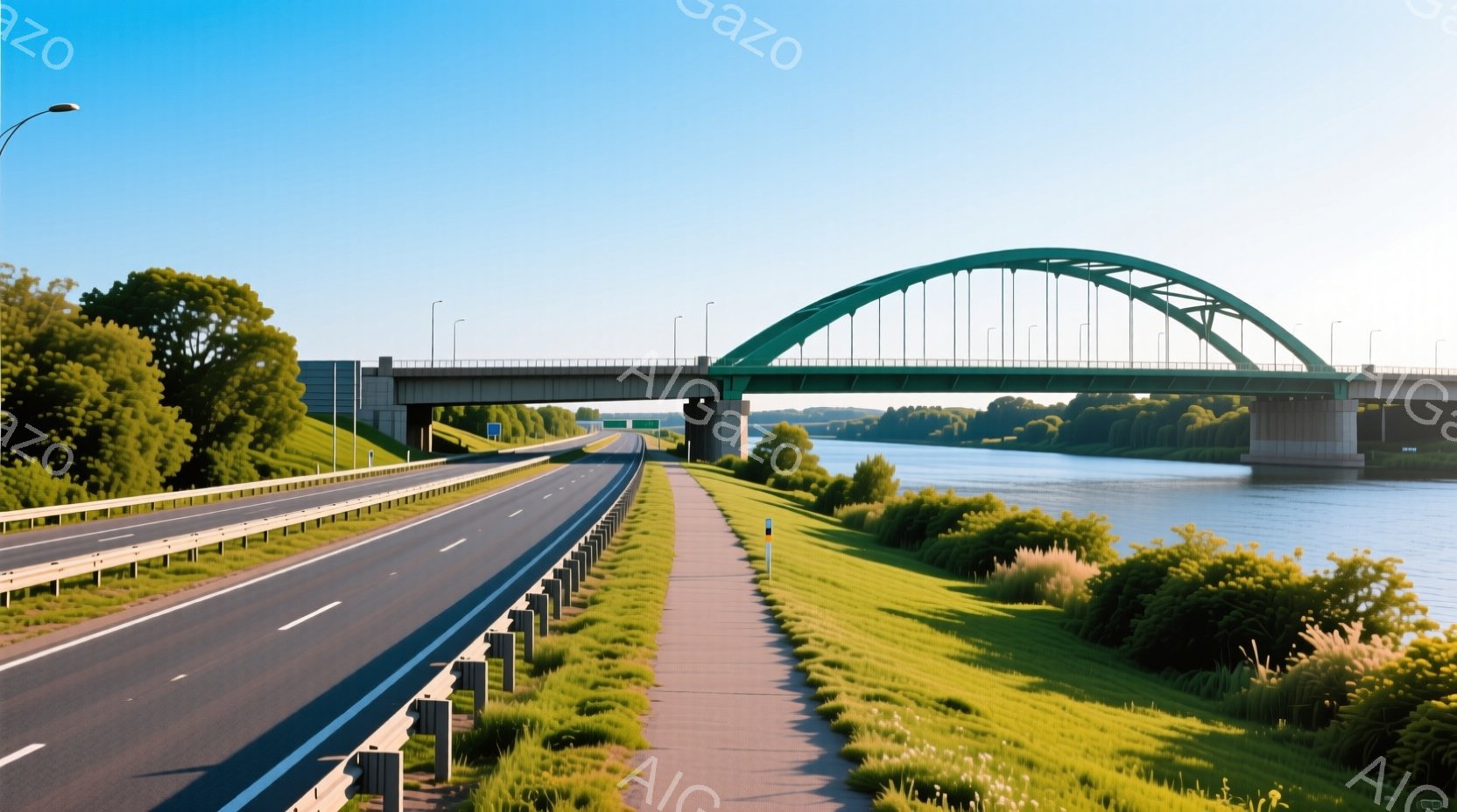 広大な緑の草原と青い川を背景に、緑色のアーチ橋が印象的な風景です。高速道路と歩道が並び、その先には植物が生い茂り、澄んだ空と穏やかな水面が広がっています。全体的に、静かで平和な夏の日の光景が描かれてい - AI生成フリー素材