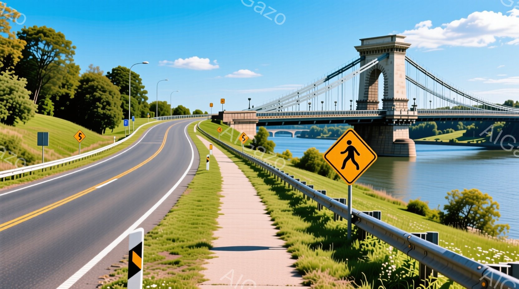 広々としたアスファルトの道が、緑豊かな草原と澄んだ水面を抱く巨大な吊り橋へと続いています。道路脇には歩道が整備され、歩行者用の標識が設置されています。晴天の下、穏やかな雰囲気で、自然と建造物が調和した美しい風景が広がっています。
