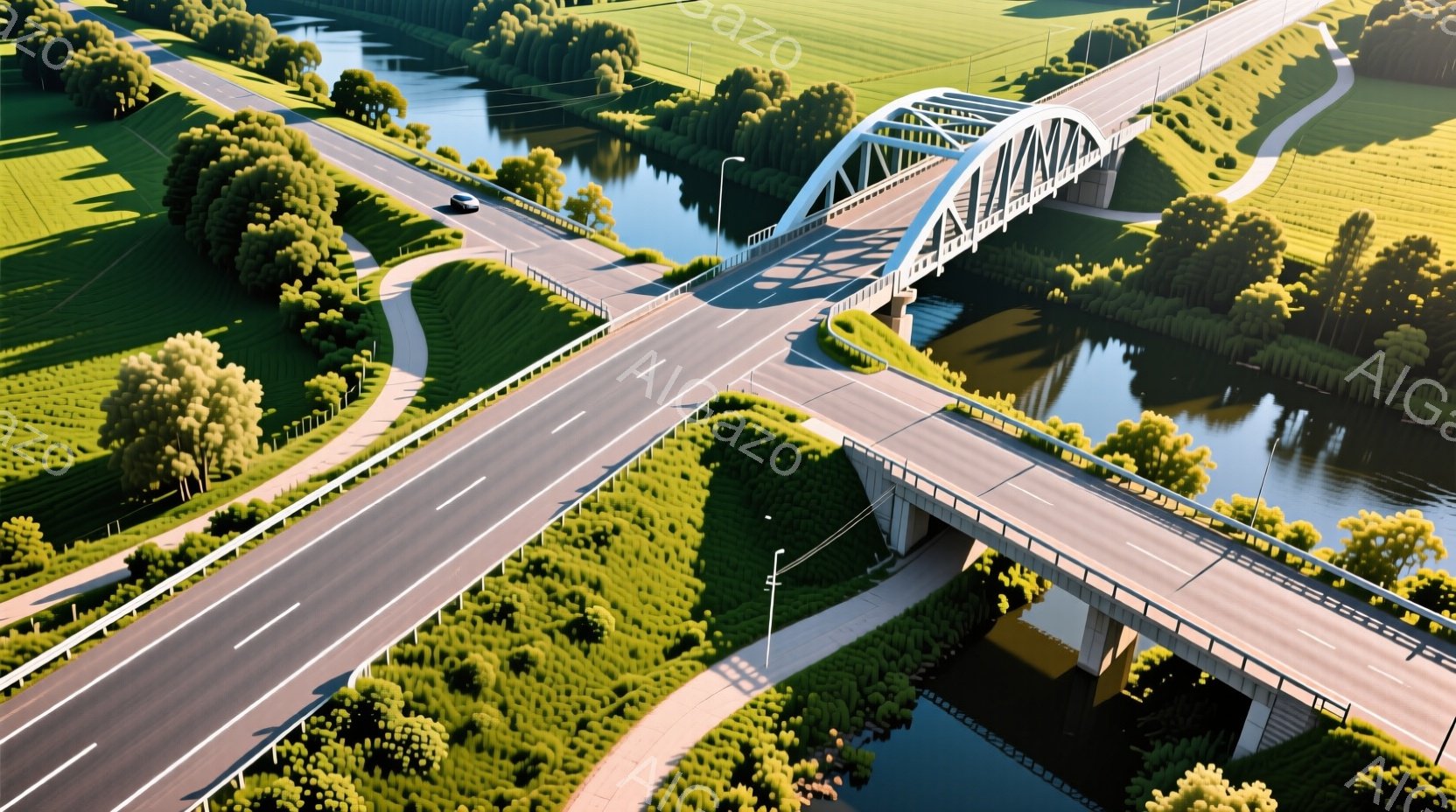 広大な緑の田園風景の中に、近代的な橋が架かっている様子が描かれています。橋は白い構造で、川の上を優雅にアーチを描き、その下には穏やかな水面が広がっています。道路は橋と接続し、遠くへと続いており、全体的 - AI生成フリー素材