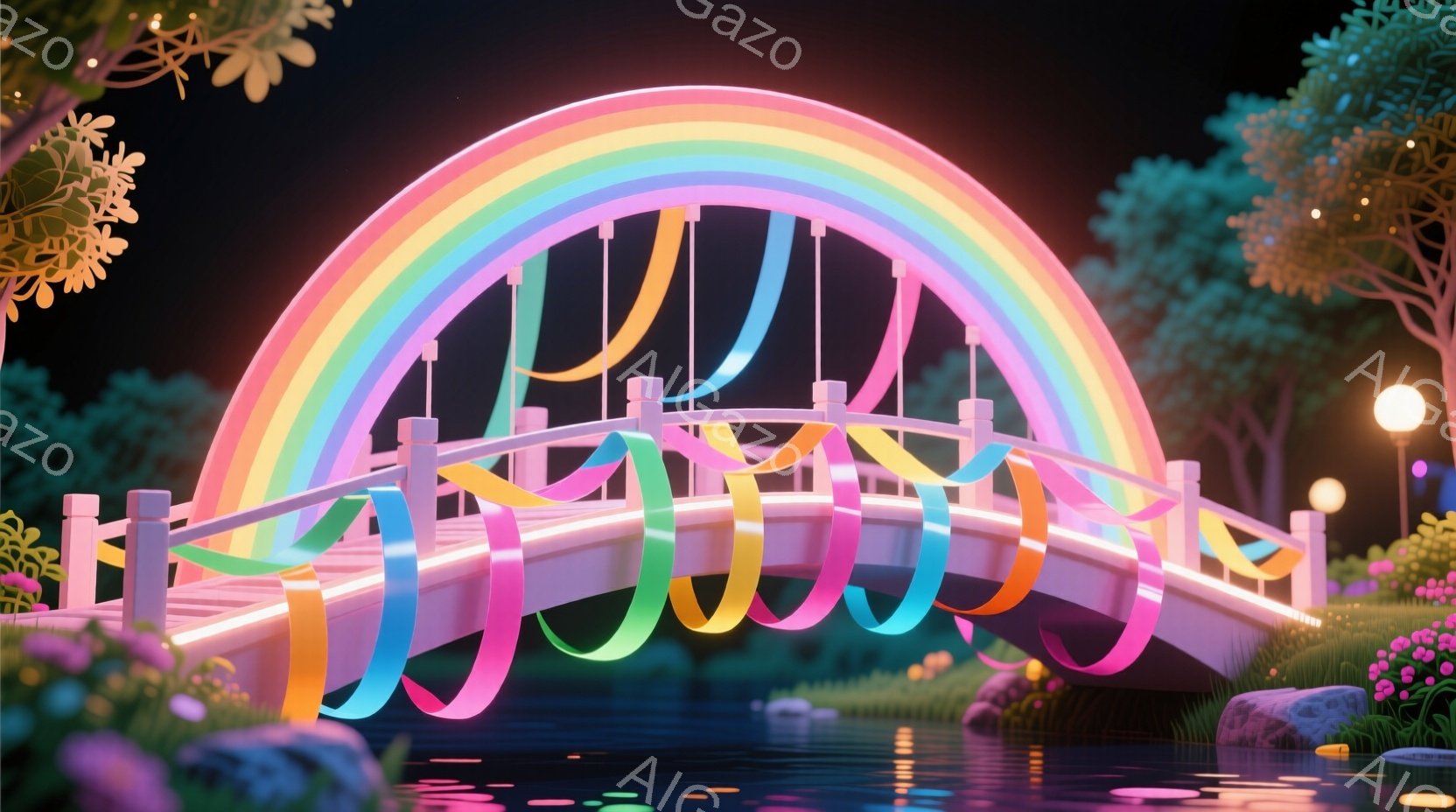 夜間の橋のシーンを描いています。橋は人工的な色彩豊かなライトアップで照らされており、その特徴はバラの花が装飾された綸目と多色のリボンです。橋上に人物が立っており、その人物は緊張感あるくつかの行動を示しますが、特定の服装や髪型、表情などの詳細は明確ではありません。