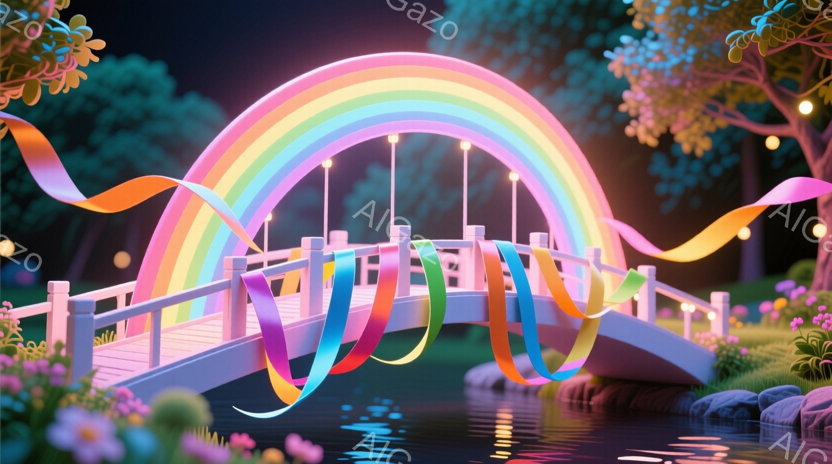 虹色のリボンがアーチ状に架かる白く可愛らしい橋が、穏やかな水面に映り込んでいます。背景には緑豊かな植物と、ぼんやりとした光を放つ建物が見え、幻想的な雰囲気を醸し出しています。全体的にパステルカラーで統 - AI生成フリー素材
