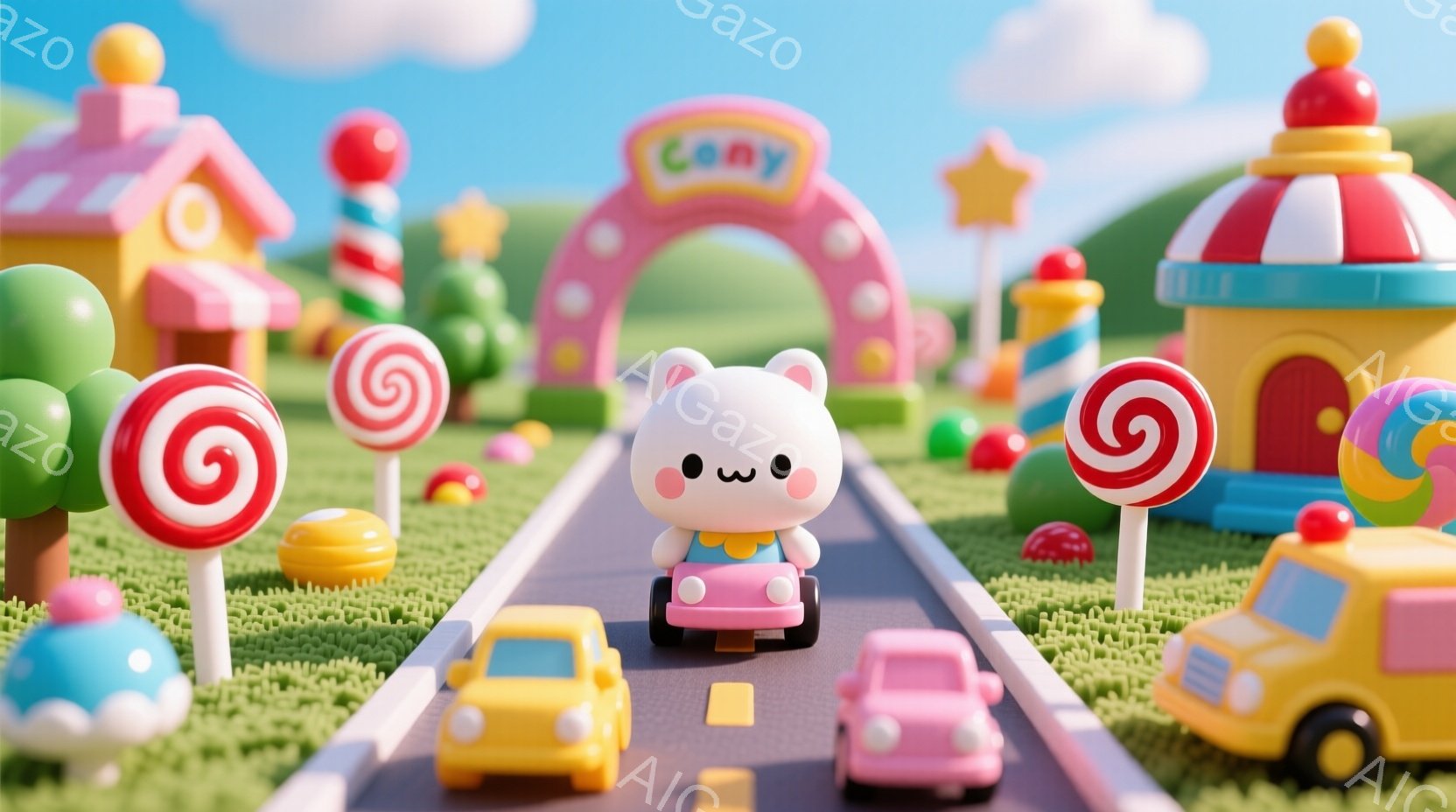 ピンク色の道路を可愛らしいキャラクターが運転するピンク色の車が疾走している様子が描かれています。背景には、キャンディやカラフルな建物が立ち並び、まるで夢のようなお菓子の国を思わせます。全体的にパステルカラーで統一されており、暖かく、遊び心あふれる雰囲気です。