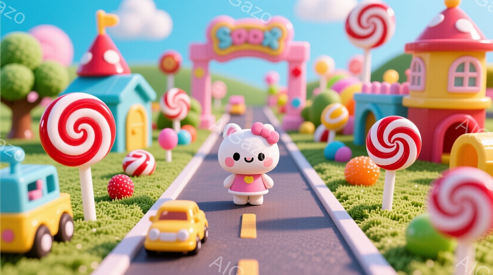 キャンディーランドのようなファンタジーの世界を描いています。ピンクのワンピースを着た白いウサギのキャラクターが、アスファルトの道の中央をまっすぐ歩いており、表情は微笑んでいます。背景には、キャンディーの形をした装飾やカラフルな建物が並び、緑の芝生と青空が広がっており、非常に明るく楽しい雰囲気です。