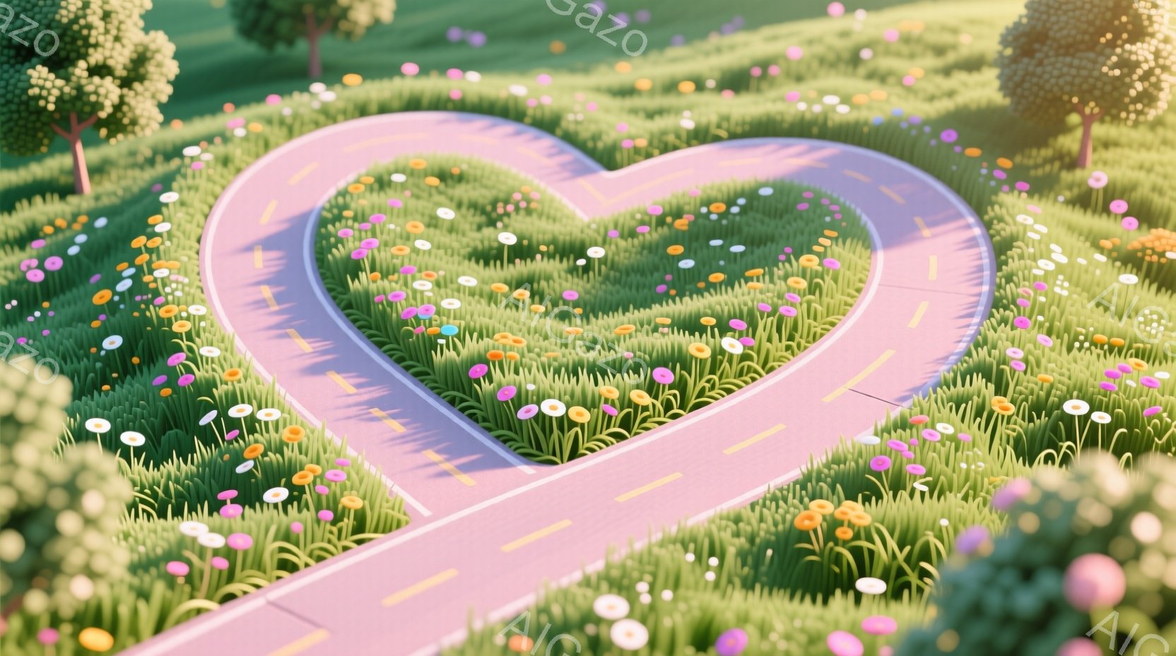 明るい緑の草原の中に、ピンク色の道路がハートの形を描いて伸びています。道路の周りには、色とりどりの小さな花々が咲き乱れ、穏やかな日差しが降り注いでいます。全体的に、暖かく、幻想的で、幸せな雰囲気を醸し - AI生成フリー素材