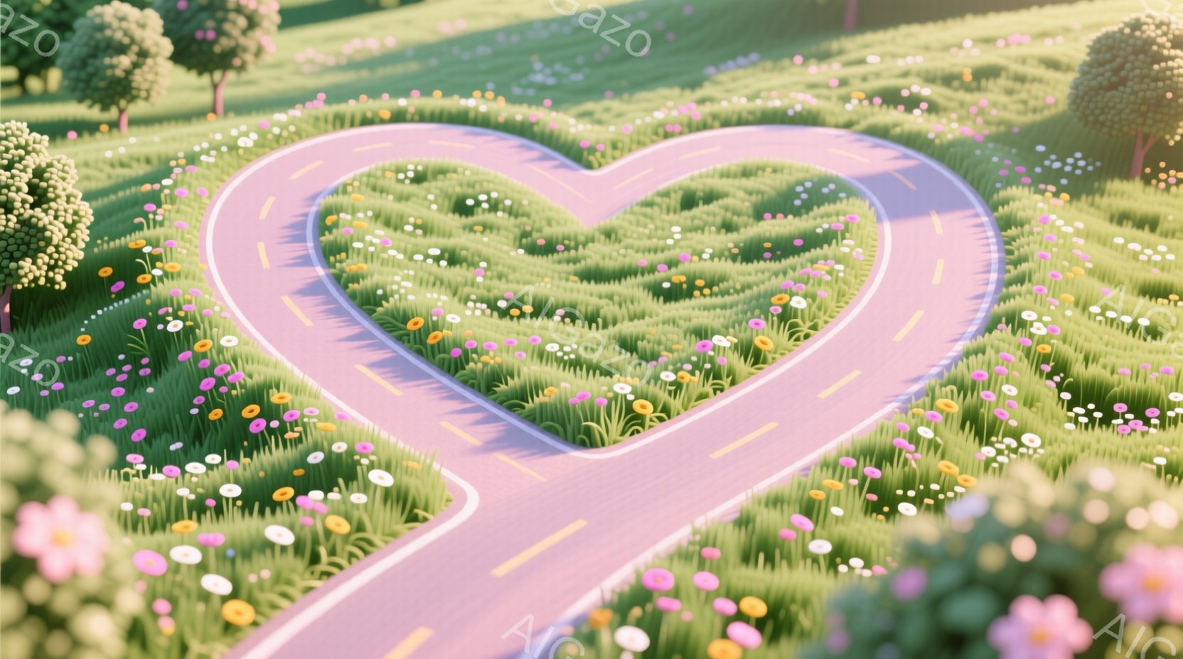 ピンク色の道が緑豊かな花畑の中をハートの形を描いて伸びています。背景には起伏のある緑の丘と、ところどころに点在する丸い樹木が見られ、晴天の下で柔らかい光が差し込んでいます。全体的に穏やかで、温かい雰囲気の風景です。