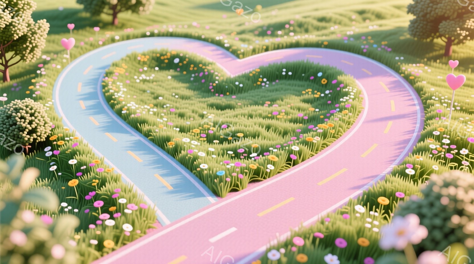 柔らかい緑の丘に、ピンクと水色の道路がハート型に絡み合って伸びています。道路の周りには色とりどりの花が咲き乱れ、可愛らしい木々が配置されており、暖かい日差しが全体を優しく照らしています。全体的に、夢見 - AI生成フリー素材