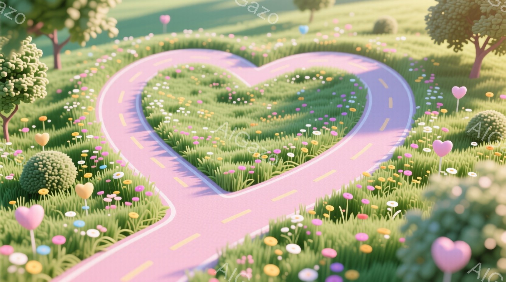 明るい緑の草原に、ハートの形をしたピンク色の道が伸びています。道に沿って、色とりどりの小さな花が咲き乱れ、可愛らしい丸い茂みが点在しています。全体的に、暖かく、夢のような、優しい雰囲気が漂っています。 - AI生成フリー素材