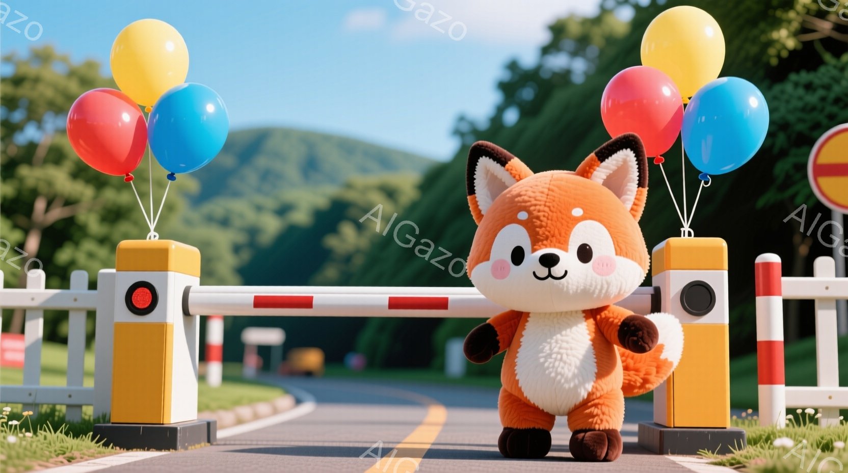 オレンジ色のふわふわしたキツネのキャラクターが、道に設置されたゲートの前に立っています。キツネは赤い頬をしており、たくさんの色とりどりの風船（赤、青、黄色）を持っています。背景には緑の丘、青空、そして - AI生成フリー素材