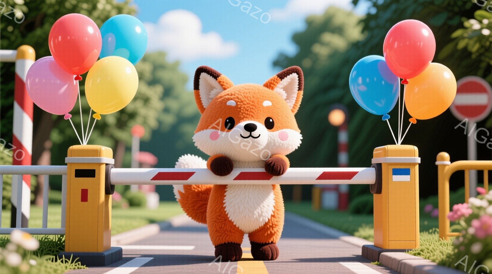 ふわふわのオレンジ色のキツネが、道路に設置されたゲートの前に立っています。キツネは明るい笑顔を見せ、手にはピンク、水色、黄色の風船を持っています。背景には緑豊かな木々や花が咲き、晴れた空が広がっており - AI生成フリー素材