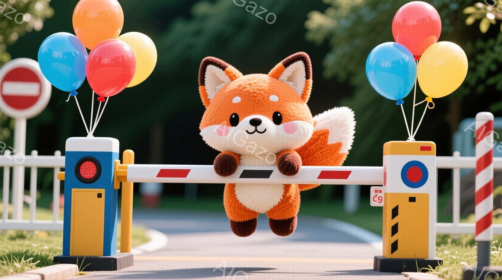 ふわふわのオレンジ色のキツネが、白い柵にまたがって座っています。キツネは大きな瞳で穏やかに微笑み、頭にはふわふわの毛並みが特徴的です。背景には緑の芝生と道路があり、カラフルな風船がキツネの周りを彩り、 - AI生成フリー素材