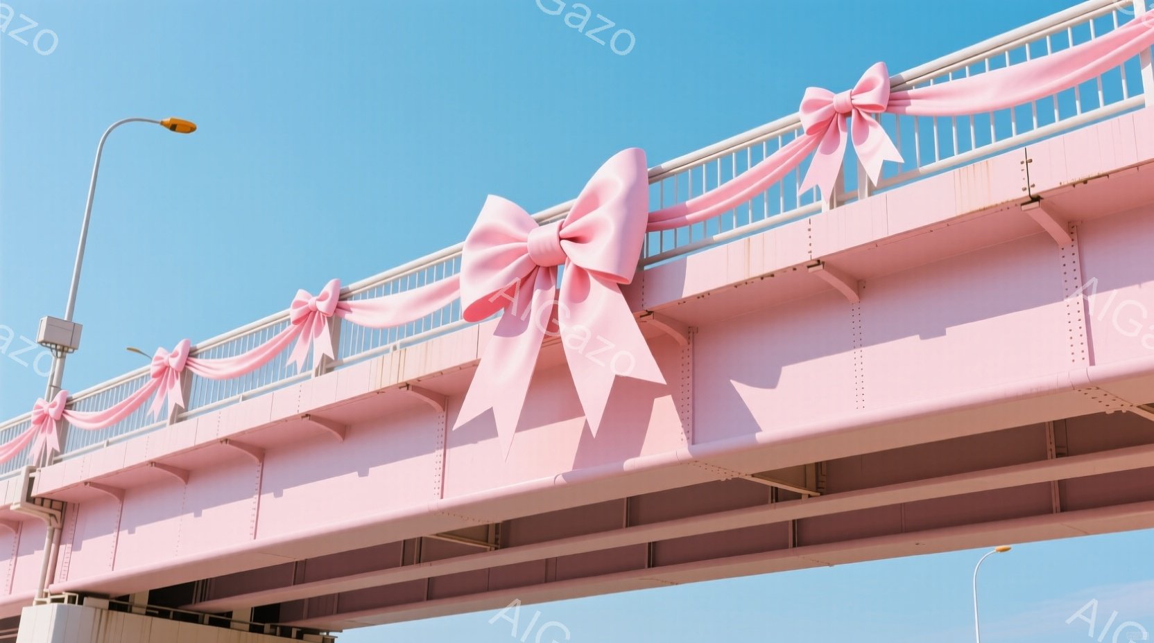 空は晴れ渡り、淡い青色で、高架橋が画像の中央を占めている。高架橋はピンク色で装飾されており、橋の欄干には大きなピンクのリボンが等間隔に結ばれている。この装飾は、何らかのお祝いやイベントを示唆しており、 - AI生成フリー素材