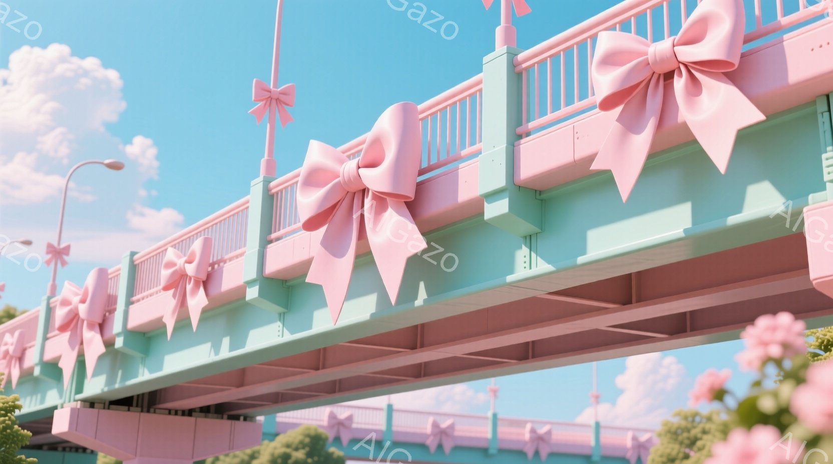 明るい水色の高架下が、大きなピンクのリボンで装飾されています。背景には、緑豊かな木々と白い雲が広がり、晴れた日の穏やかな空が広がっています。全体的に、夢のような、遊び心のある、そして少し不思議な雰囲気 - AI生成フリー素材