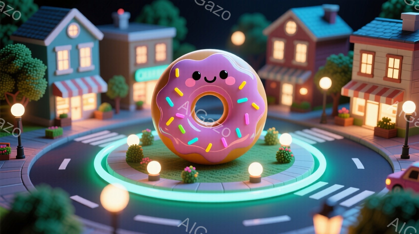 鮮やかなピンク色のドーナツが、丸い交差点の中心に浮かんでいます。周りには小さな建物や街路樹があり、夜の街並みを模した可愛らしい情景が広がっています。街灯や横断歩道が、温かく幻想的な雰囲気を演出していま - AI生成フリー素材